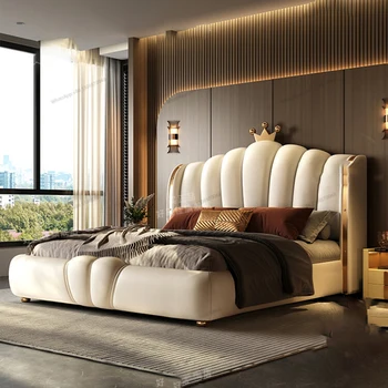Висококачествена и модерна светла луксозна основна спалня, мека чанта, двойно легло в короната, новата сватбена легло в кремовом стил
