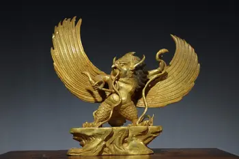 29 cm Порцеланова латунная позлатена статуя на Буда с птица-орел, бронзова статуя на Буда