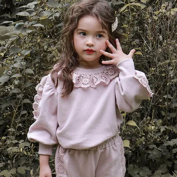 Детски дрехи за момичета, тениска, монофонични цвят, Есен 2023, Корейски модерен Завързана Свободен пуловер с дълъг ръкав и кръгло деколте, просто стил