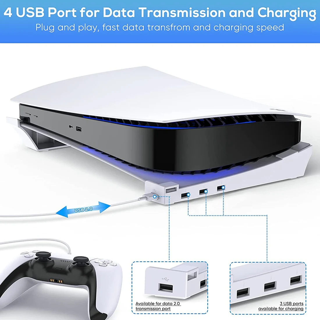Хоризонтална поставка за PS5 с разширение 4 USB, притежател на конзолата в килера, за Playstation 5 Disc & Digital Edition