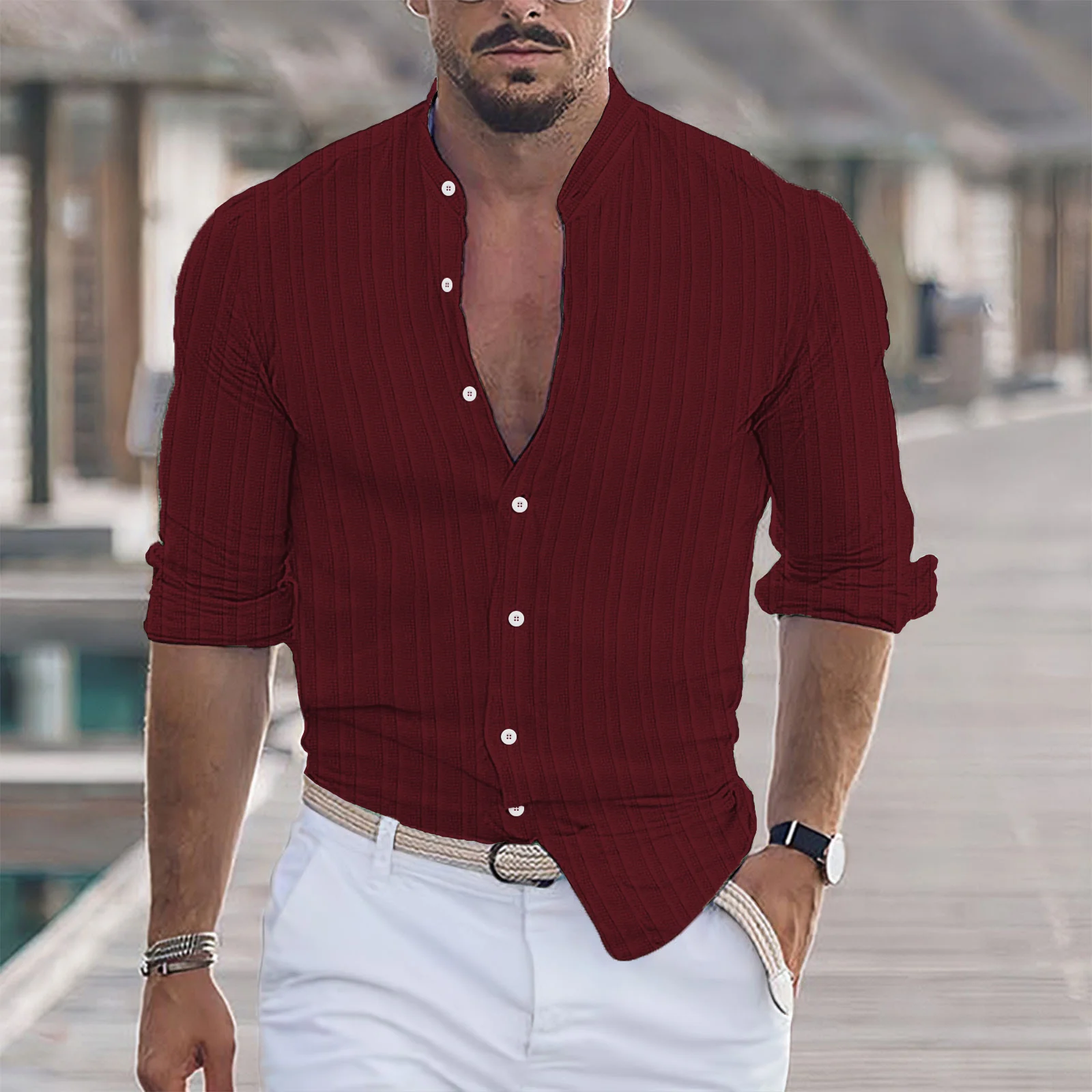 Шарени реколта мъжки ленени ризи с дълъг ръкав и яка-постоянни, ежедневни блузи 2023, Пролет-лято, с модерна риза, мъжки дрехи